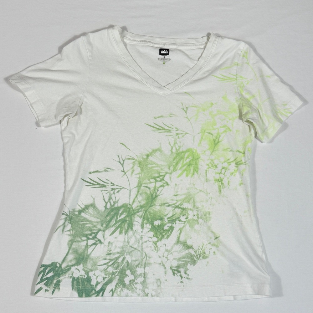 REI Womens Organic Cotton White V-Neck T-Shirt Green Leaf Small Outdoor Gorpcore
